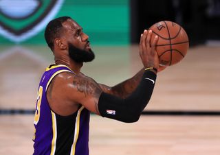 LeBron James, #23 of the Los Angeles Lakers, shoots the ball during the third quarter against the Houston Rockets in Game One of the Western Conference Second Round during the 2020 NBA Playoffs at AdventHealth Arena at the ESPN Wide World of Sports Complex on Sept. 4, 2020 in Lake Buena Vista, Florida.