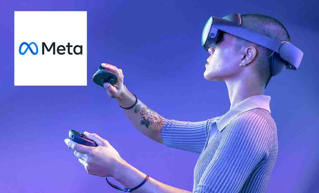 Meta logo placed over a person in a VR headset with a purple hue