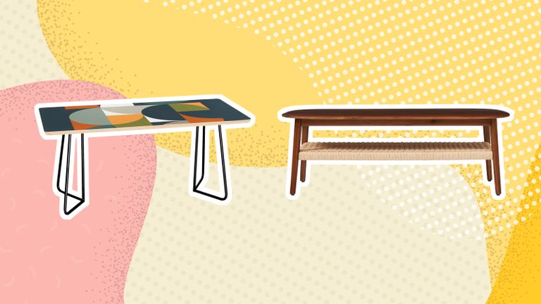 Two midcentury modern coffee tables on yellow and pink graphic background