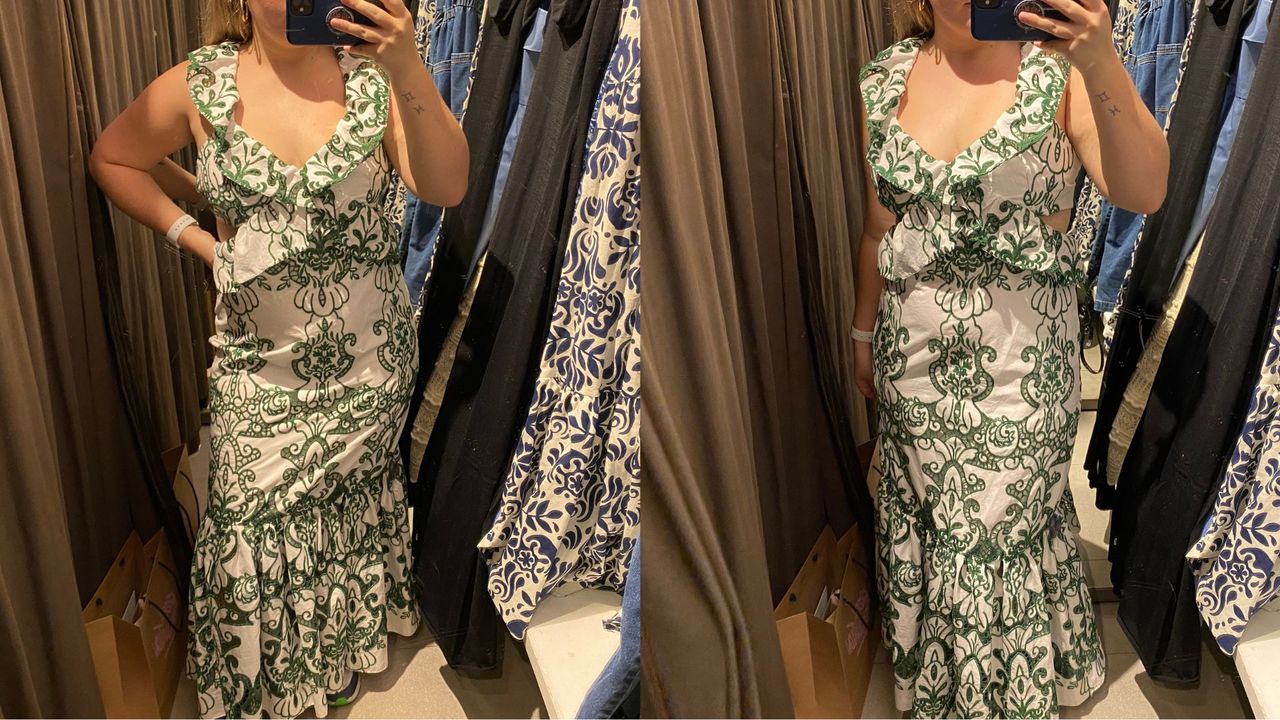 composite of our fashion writer wearing a green and white zara maxi dress