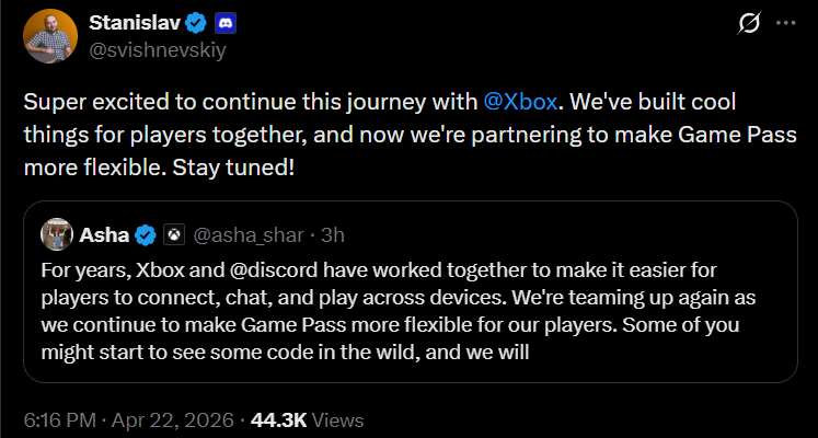 Tweet by Stanislav, expressing excitement about partnering with Xbox to enhance Game Pass flexibility. It mentions collaboration with Discord. Asha's embedded mirrors the same.