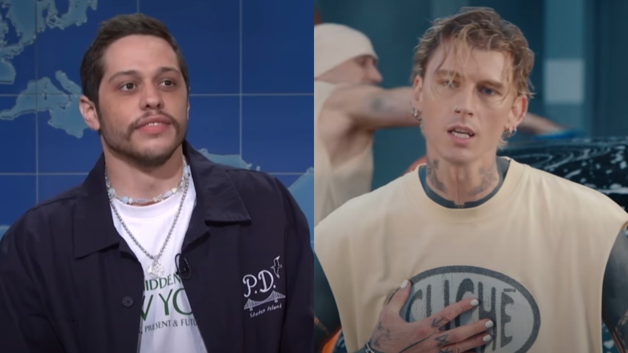 From left to right: Pete Davidson on Weekend Update and Machine Gun Kelly in the &quot;cliché&quot; music video.