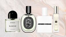 A collage of fresh and clean-smelling perfumes from BYREDO, Diptyque, Jones Road and Jo Malone/ in a cream, white and grey marbled template