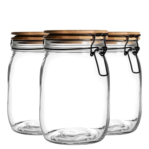Argon Tableware Glass Storage Jar With Airtight Wooden Clip Lid - 1000ml - 3 Pack - Kitchen Container Round Preserving Jar for Pickling, Chutney, Jam, Coffee, Oats