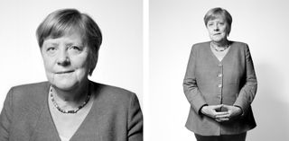 two black and white images of Angela Merkel taken in a studio by Herlinde Koelbl