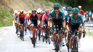 Bora-Hansgrohe lead the peloton during the 2022 Giro d'Italia