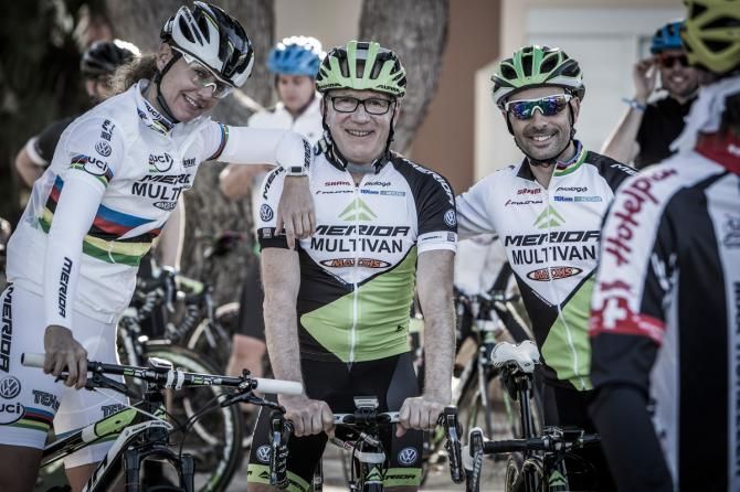 Gunn-Rita Dahle Flesjaa and Jose Hermida post for photos before a test ride