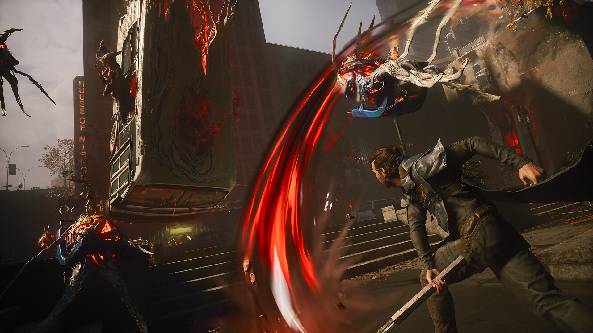 A crouching warrior braces with a staff as a winged creature swoops overhead, its red energy trails cutting through a dark, ruined temple in a tense battle scene.