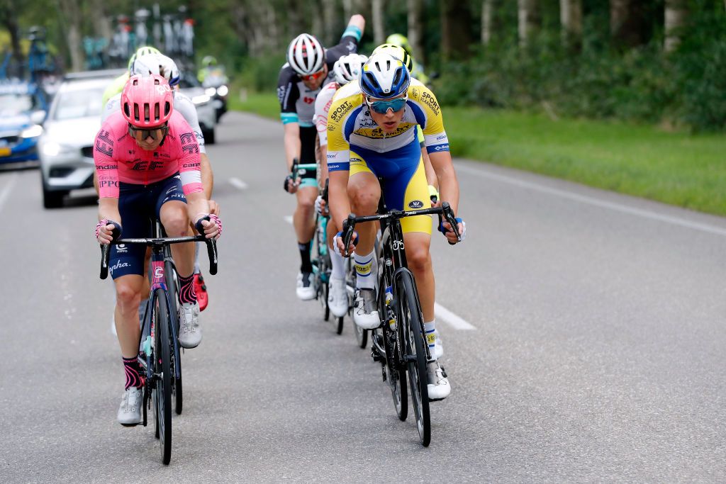 DOKKUM NETHERLANDS AUGUST 30 LR Logan Owen of United States and Team EF Education Nippo and Ward Vanhoof of Belgium and Team Sport Vlaanderen Baloise compete in the breakaway during the 17th Benelux Tour 2021 Stage 1 a 1696km stage from Surhuisterveen to Dokkum BeneluxTour on August 30 2021 in Dokkum Netherlands Photo by Bas CzerwinskiGetty Images