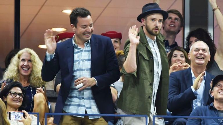 Jimmy Fallon and Justin Timberlake dance side by side.