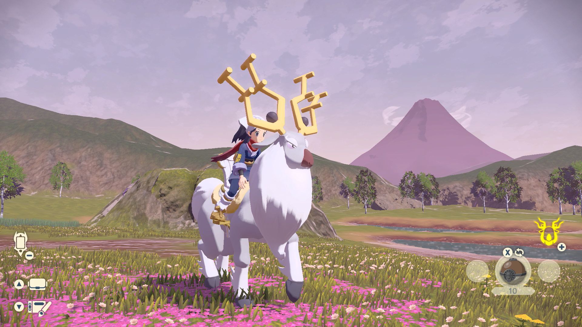 A player riding a Pokemon in a field of flowers during the Switch RPG, Pokemon Legends: Arceus