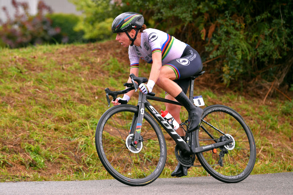 Road race world champion Annemiek van Vleuten of the Netherlands en route to winning the 2020 European Championships road race in Plouay, France