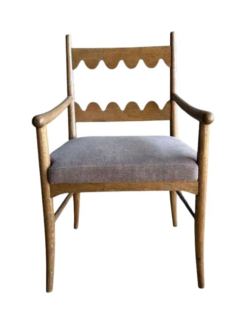 Oak Open Arm Accent Chair or Dining Chair with Belgian Linen Upholstery