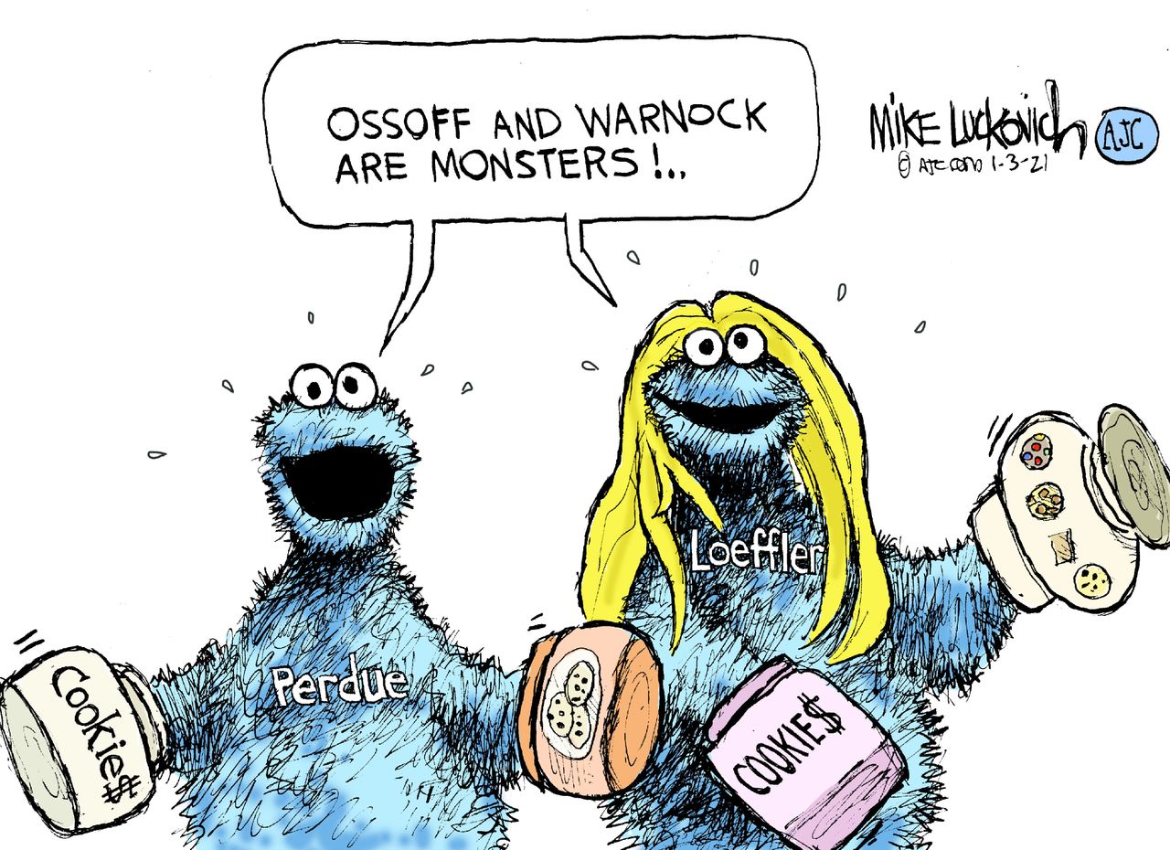 Political Cartoon U.S. Perdue Loeffler cookie monster&amp;amp;nbsp;