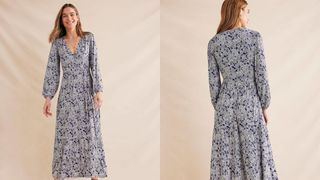 model in Boden Multi Tiered Wrap Maxi Dress