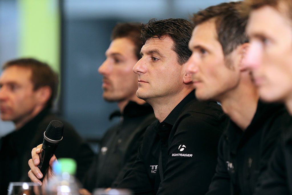 Cycling: Trek Factory Team 2014 / Press conference
Jens VOIGT (Ger)/ Fabian Cancellara (Sui)/ Luca GUERCILENA (Ita)/ Frank SCHLECK (Lux)/ Andy SCHLECK (Lux)
(c) Tim De Waele
