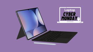 Samsung Galaxy Tab S10 with keyboard and stylus on a purple backdrop, the Laptop Mag Cyber Monday deal badge is overlayed to the right.