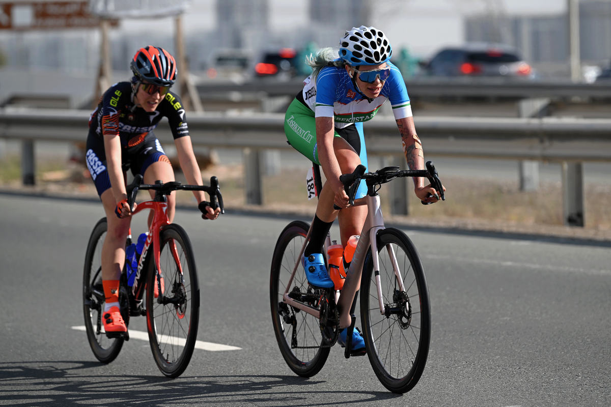 The last two breakaway riders Yanina Kuskova and Gaia Segato