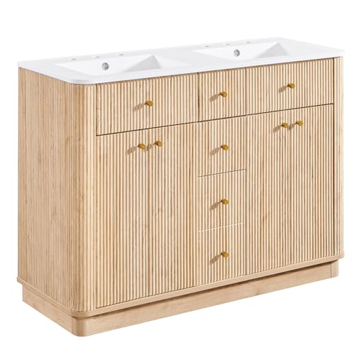 T4tream 48" Fluted Bathroom Vanity With Double Sink, Natural Oak