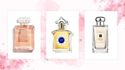 Collage of a selection of some of the wedding perfumes included in this feature from Chanel, Guerlain, and Jo Malone London