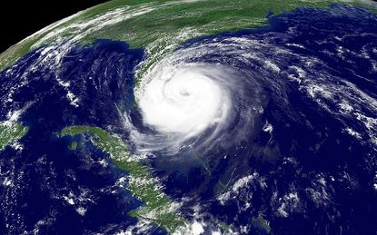 Satellite imagery of a hurricane.