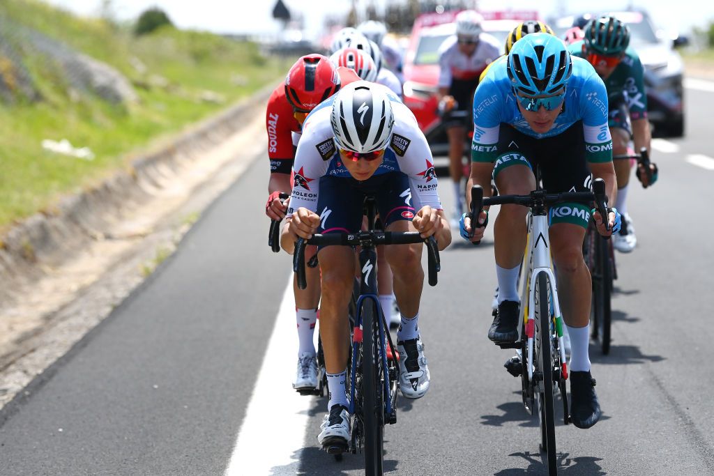 ETNA PIAZZALE RIFUGIO SAPIENZA ITALY MAY 10 LR Mauri Vansevenant of Belgium and Team QuickStep Alpha Vinyl and Erik Fetter of Hungary and EoloKometa Cycling Team compete in the breakaway during the 105th Giro dItalia 2022 Stage 4 a 172km stage from Avola to Etna Piazzale Rifugio Sapienza 1899m Giro WorldTour on May 10 2022 in Etna Piazzale Rifugio Sapienza Italy Photo by Tim de WaeleGetty Images