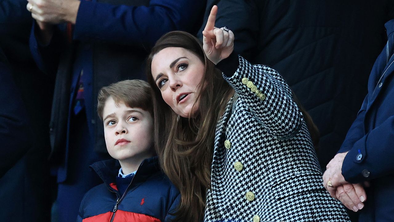 Prince George and Kate Middleton at the Guinness Six Nations Rugby match between England and Wales at Twickenham Stadium on February 26, 2022 in London, England.