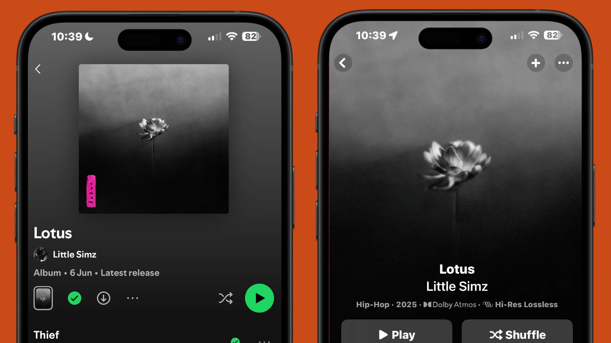 Screenshot of the album of Little Simz in Spotify and Apple Music side by side