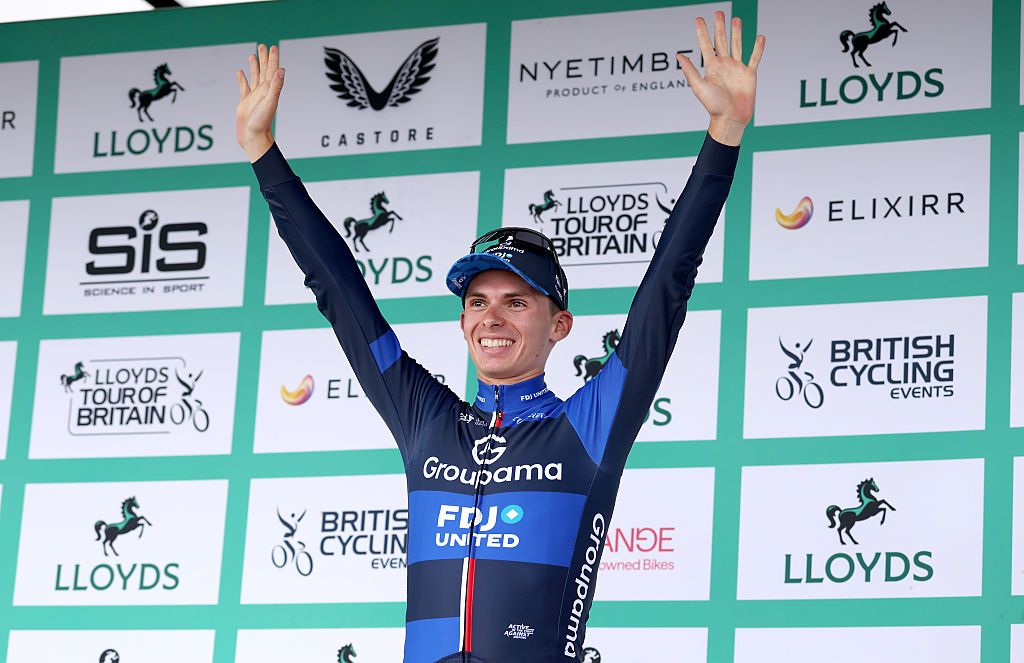 BURTON DASSETT, UNITED KINGDOM - SEPTEMBER 05: Romain Gregoire of France and Team Groupama - FDJ celebrates at podium as stage winner during the 21st Tour of Britain 2025, Stage 4 a 186.9km stage from Atherstone to Burton Dassett on September 05, 2025 in Burton Dassett, United Kingdom. (Photo by Alex Livesey/Getty Images)