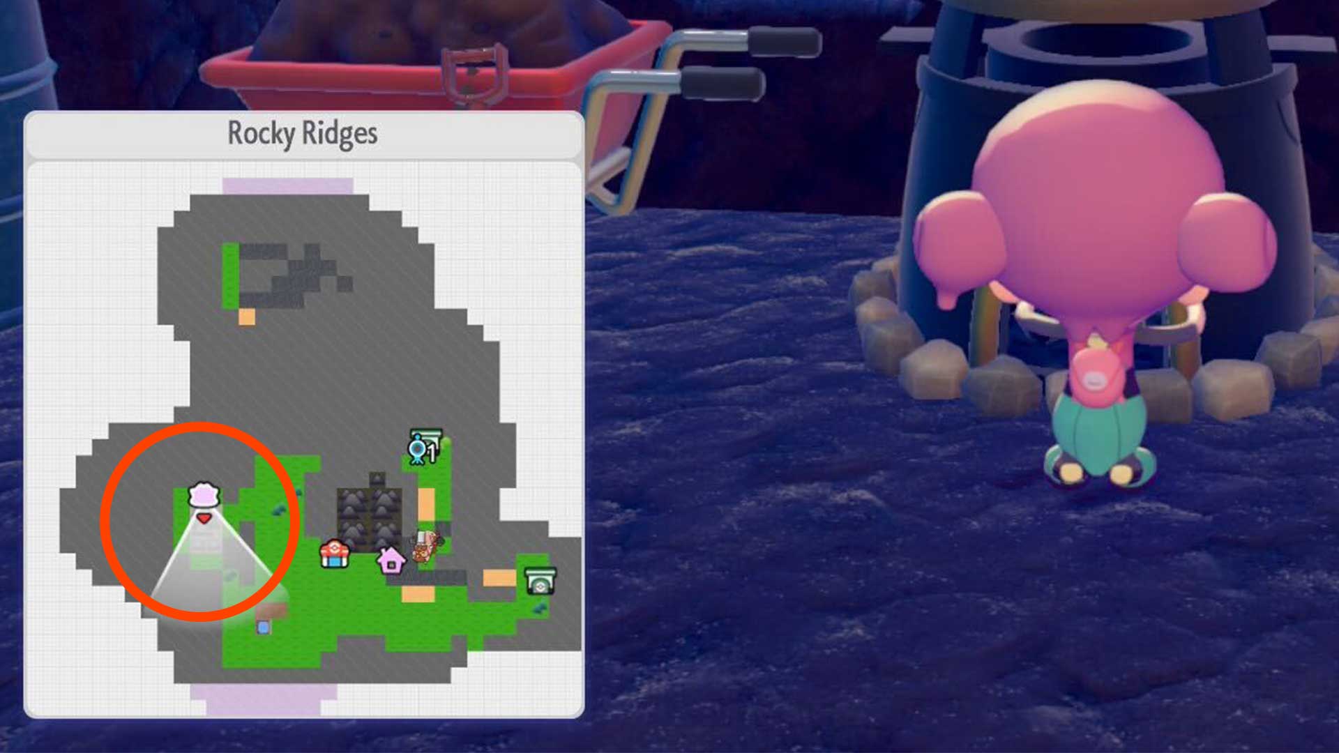 Location of the smelting furnace in Pokemon Pokopia in the Rocky Ridges region