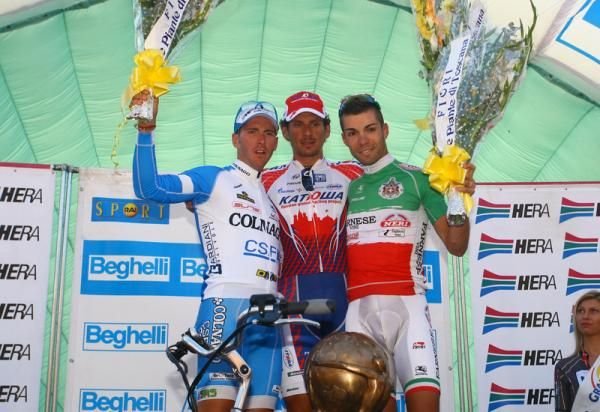 The GP Beghelli podium (l-r): Manuel Belletti, Filippo Pozzato and Giovanni Visconti.