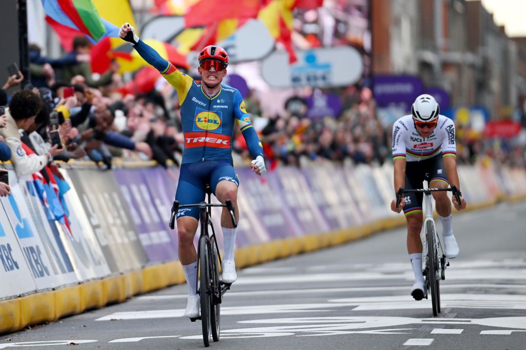 WEVELGEM BELGIUM MARCH 24 LR Mads Pedersen of Denmark and Team Lidl Trek celebrates at finish line as race winner ahead of Mathieu van der Poel of The Netherlands and Team Alpecin Deceuninck during the 86th GentWevelgem in Flanders Fields 2024 Mens Elite a 2531km one day race from Ieper to Wevelgem UCIWT on March 24 2024 in Wevelgem Belgium Photo by Tim de WaeleGetty Images