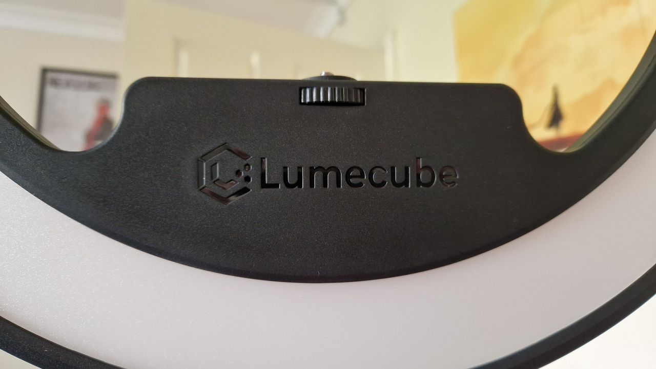 Lumecube ring light pro branding on the bottom front of the ring light