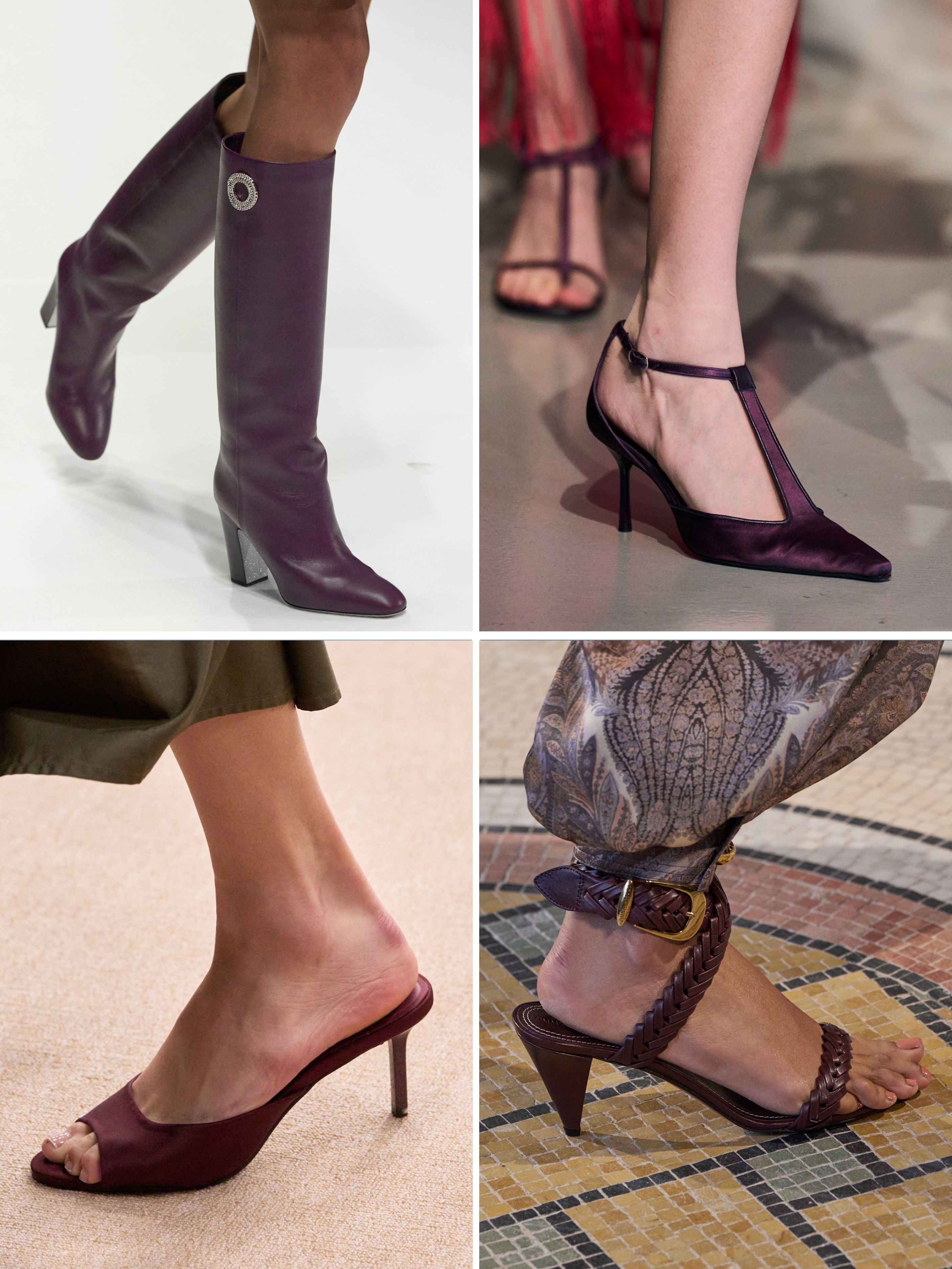 A selection of Genny, Christopher Esber, Riva Collection and Zimmermann plum shoes and boots on the autumn/winter 2025 runways