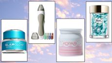 four of the products in the early Ulta Black Friday sale—GlamGlow mask, PMD microdermabrasion tool, Kopari Rose Coconut Melt Roc blue hydrating capsules—on a pastel blue and pink cloud background