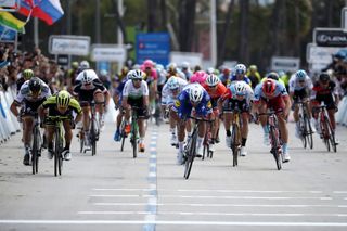 Fernando Gaviria gets his head down as he gets the better of Caleb Ewan and Peter Sagan on stage 1 of the 2018 Tour of California