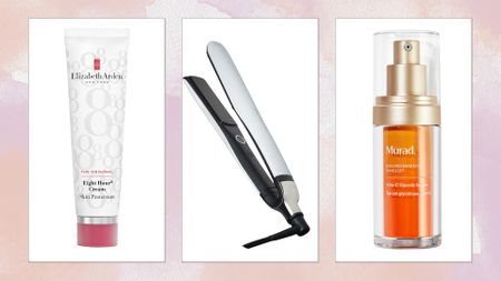 Collage of Amazon Prime Day Beauty Deals (L-R) Elizabeth Arden 8 Hour Cream, ghd Platinum+ Straighteners and Murad's Vita-C Glycolic Serum