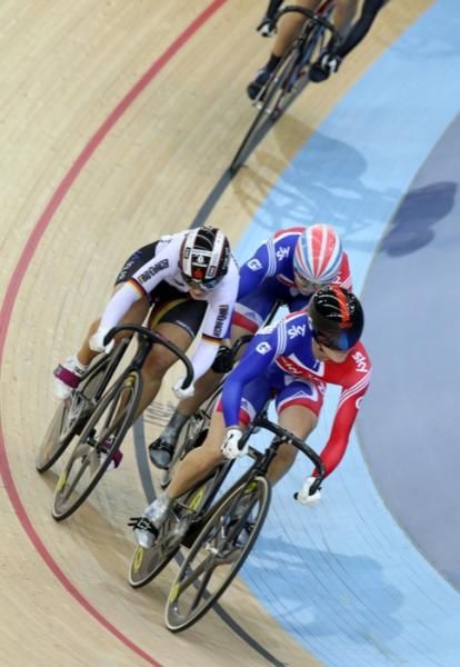 Pendleton leads the keirin semi final while Kristina Vogel leans on Varnish and gets disqualified