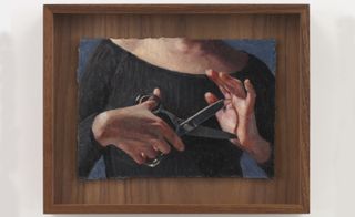 painting of woman pointing scissors at her own hand