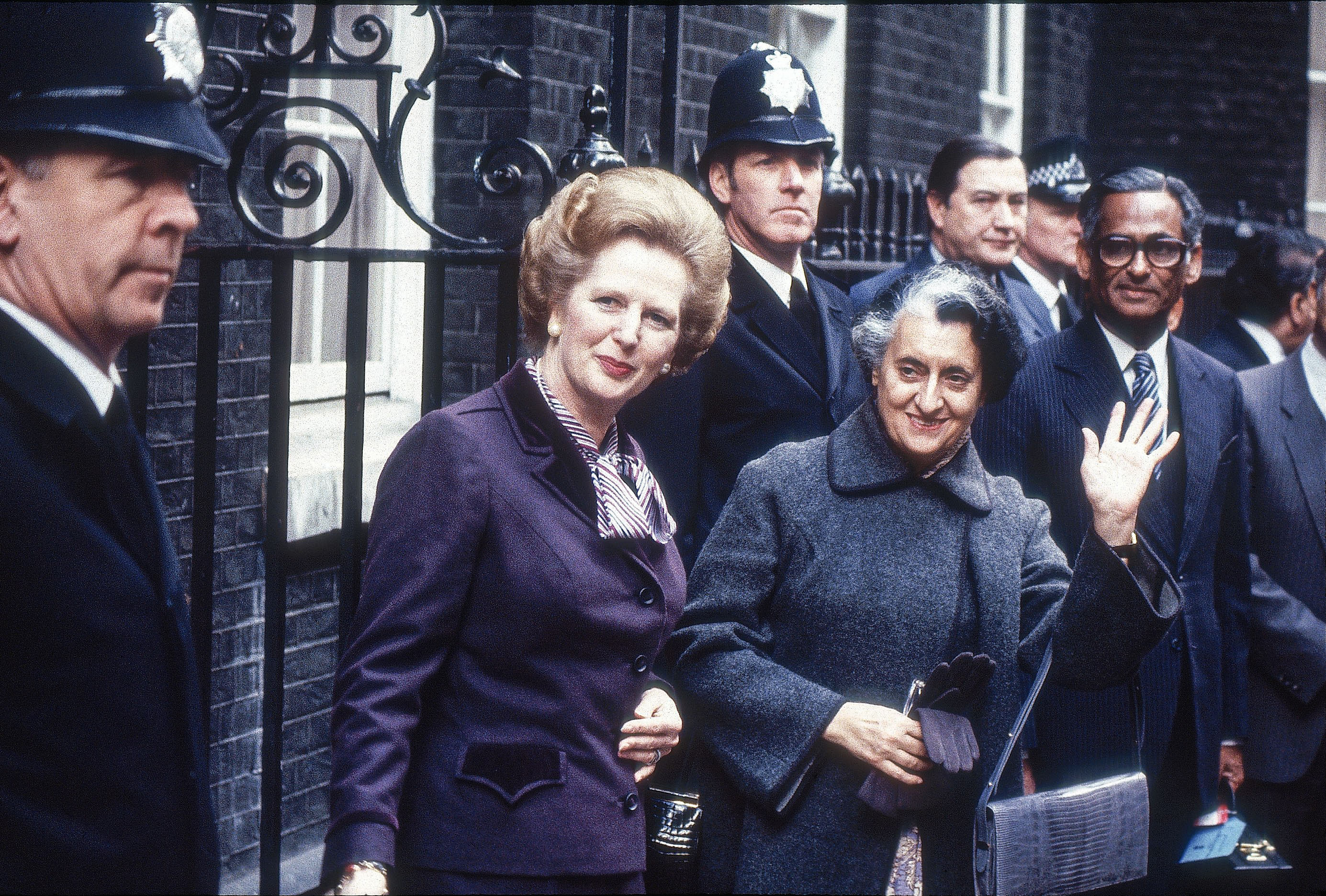 LONDON - CIRCA 1980's: Prime Minister Indira Gandhi visits Prime Minister Margaret Thatcher in London, England. (Photo by Raghu Rai/The The India Today Group via Getty Images)
