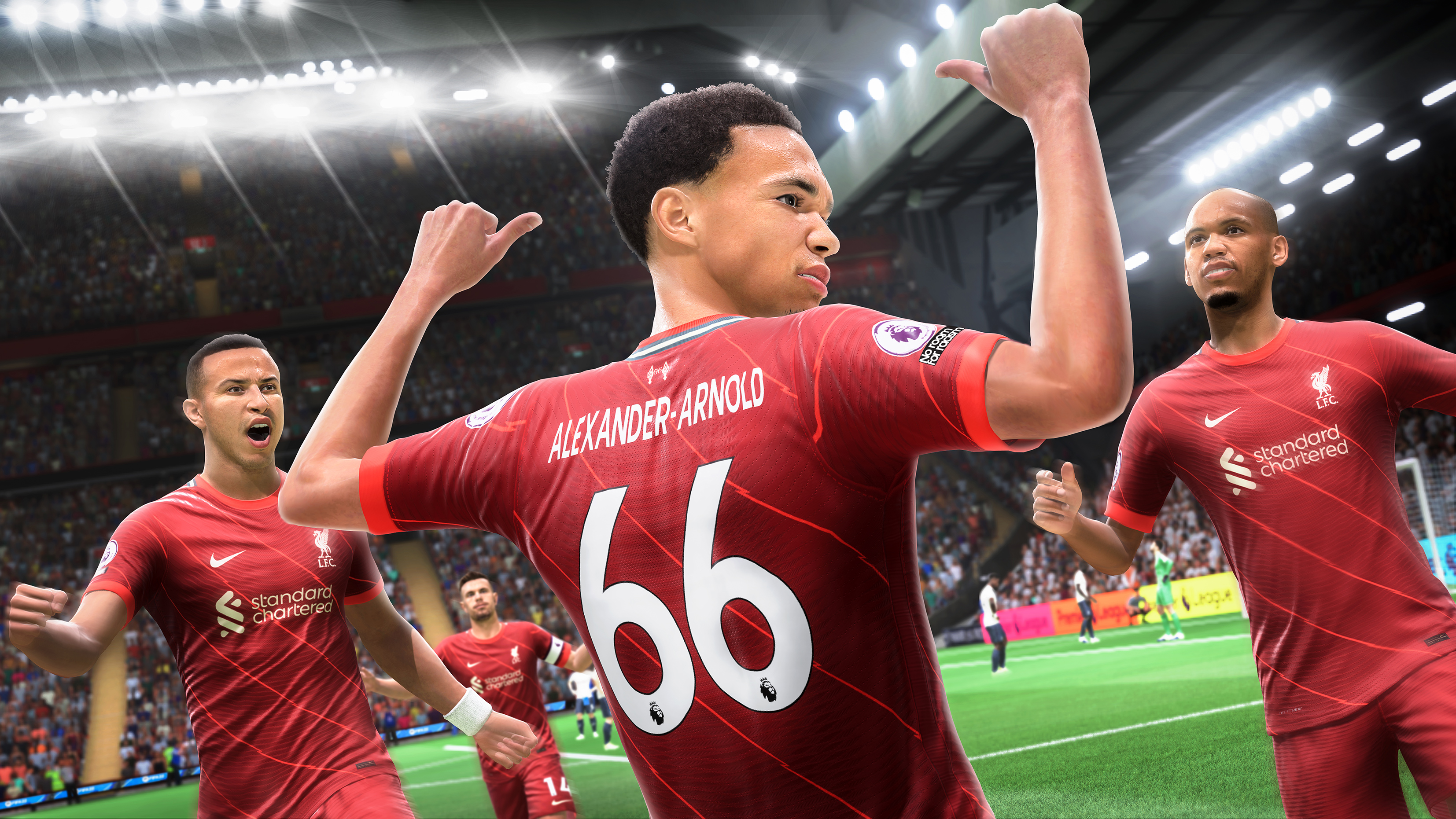 FIFA 22 screenshot showing Trent Alexander-Arnold celebrating a goal with team mates