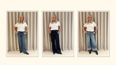 Composite shot of Antonia Kraskowski trying on a pair of M&S jeans alongside a cut out of the same jeans
