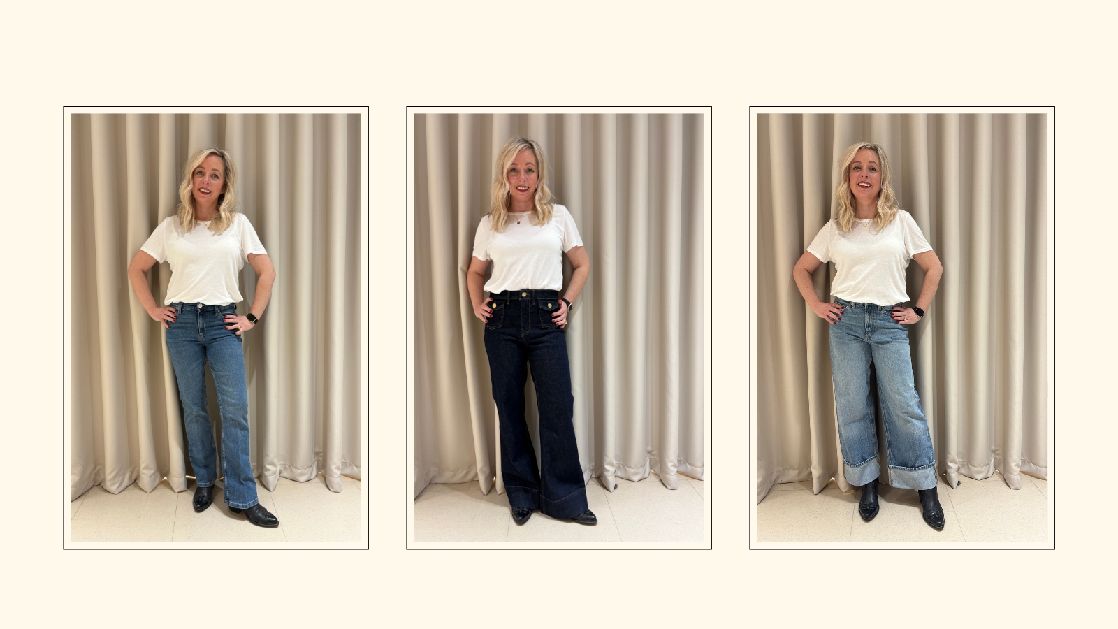Composite shot of Antonia Kraskowski trying on a pair of M&amp;S jeans alongside a cut out of the same jeans