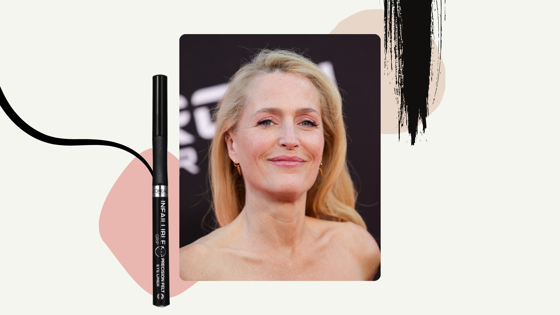Gillian Anderson is pictured wearing black winged eyeliner at the premiere of Disney&#039;s &quot;Tron: Ares&quot; at TCL Chinese Theatre on October 06, 2025, in Hollywood, California/ in a cream template with pink and peach dots and a product image of the L&#039;Oreal Paris Infallible Grip Precision Felt 0.4mm 27H Longwear Eyeliner and two stock images of eyeliner streaks