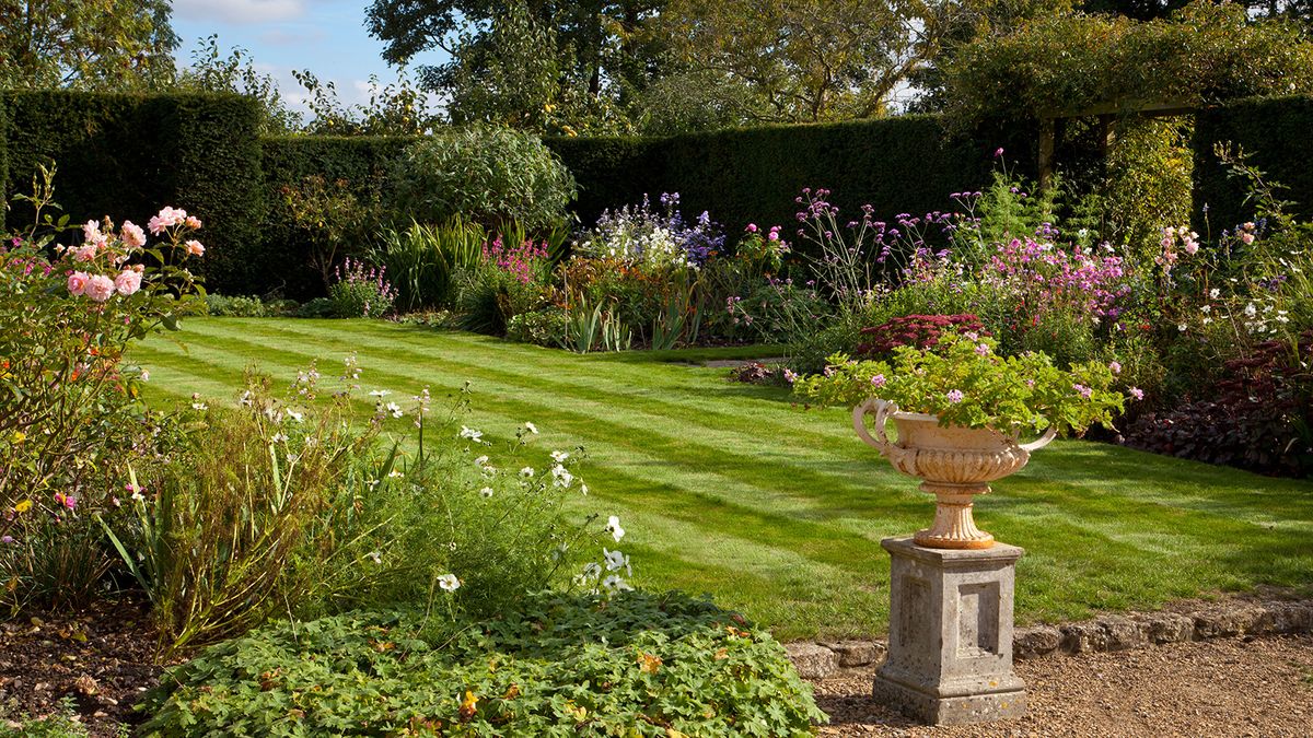 Formal English garden, with lawn surrounded by Herbaceous summer borders