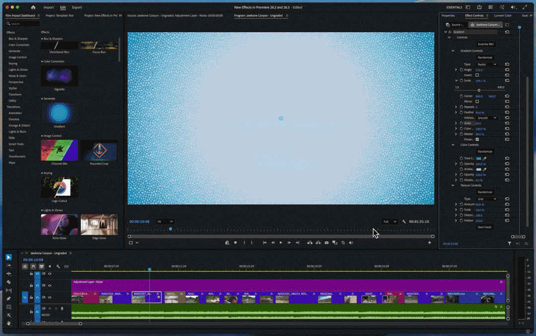 A GIF showing the new Gradient FX tool inside Adobe Premiere