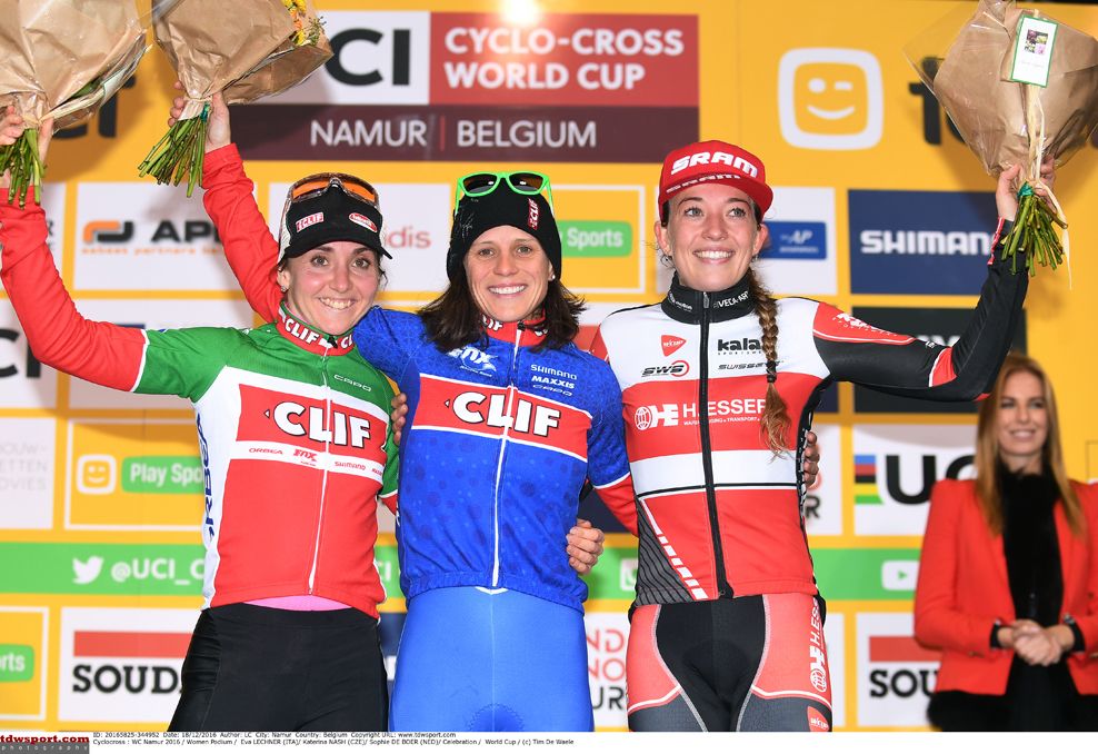 The elite women's podium at the Namur World Cup 2016