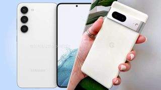 composite of image of galaxy s23 render and pixel 7 photo