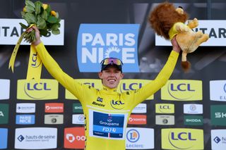 MONTARGIS FRANCE MARCH 04 Laurence Pithie of New Zealand and Team Groupama FDJ celebrates at podium as Yellow leader jersey winner during the 82nd Paris Nice 2024 Stage 2 a 1776km stage from Thoiry to Montargis UCIWT on March 04 2024 in Montargis France Photo by Alex BroadwayGetty Images