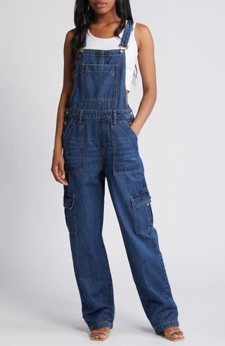 Baggy denim cargo overalls